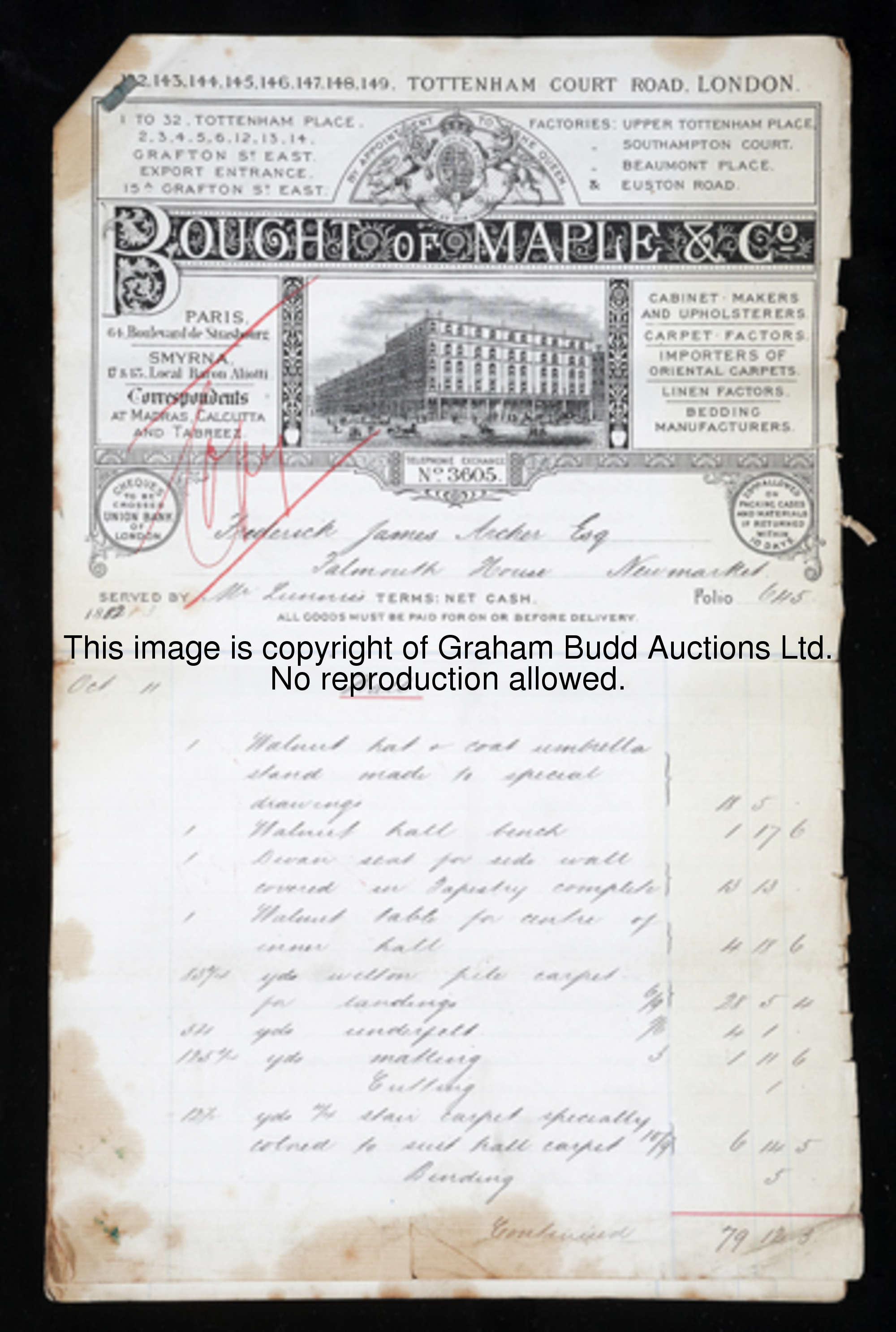 Fred Archer's Maple & Co account bill for the furnishing of Falmouth House at Newmarket in 1882 and ...