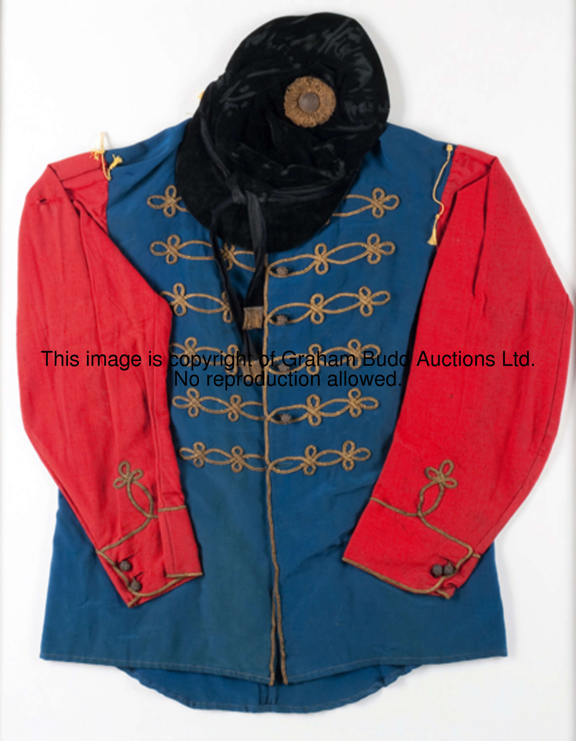 A set of King George V's royal racing silks circa 1928, purple jacket with scarlet sleeves, gold bra...