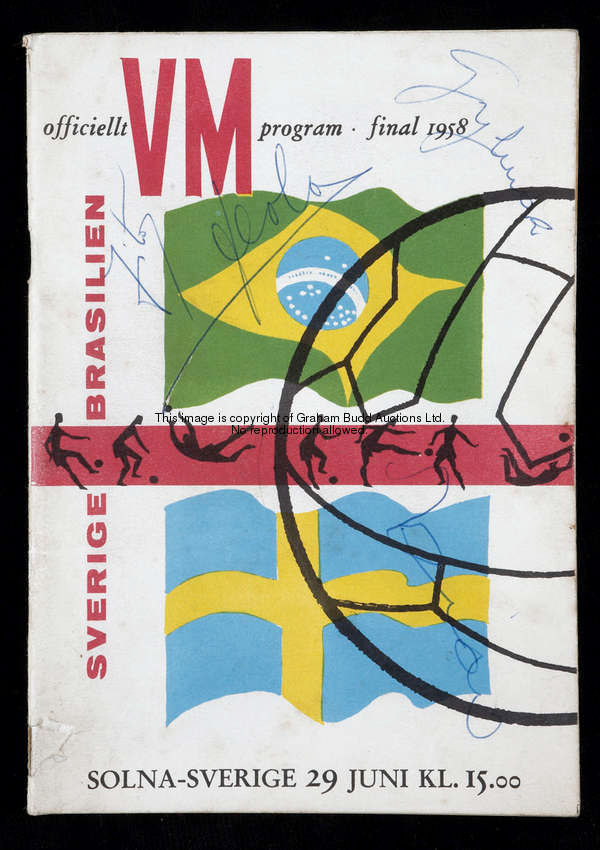 A 1958 World Cup Final programme Sweden v Brazil signed to front cover by Brazilian players Pele (si...