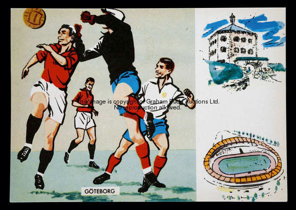 Fifteen 1958 World Cup postcards, part of a set of 32 published in Sweden, artist drawn images of ma...