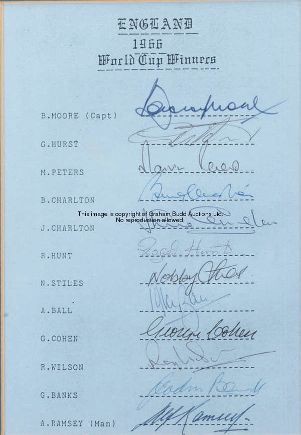 The autographs of the England 1966 World Cup winners, signed in ink on a pre-prepared sheet by the 1...