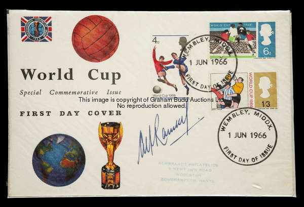 A 1966 World Cup first day cover signed by Alf Ramsey, published by Rembrandt Philatelics, applied w...