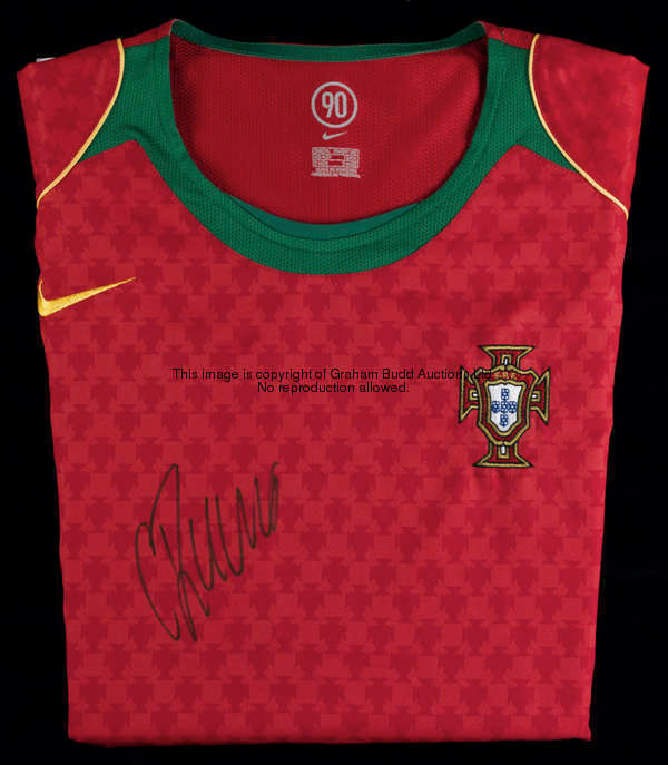 Replica Portugal shirts signed by Ronaldo and Deco, a red shirt signed by Ronaldo, a maroon & green ...