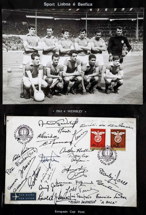 A postal cover signed by the Benfica 1963 European Cup final team, signatures in ink, mounted togeth...