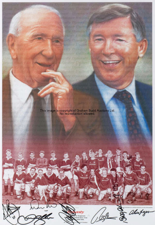 Manchester United signed limited edition print, titled ''Dynasty,'' portraying Sir Matt Busby and Si...