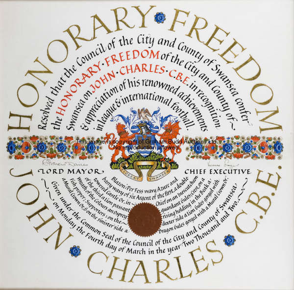 An illuminated address conferring the Honorary Freedom of the City and County of Swansea on John Cha...