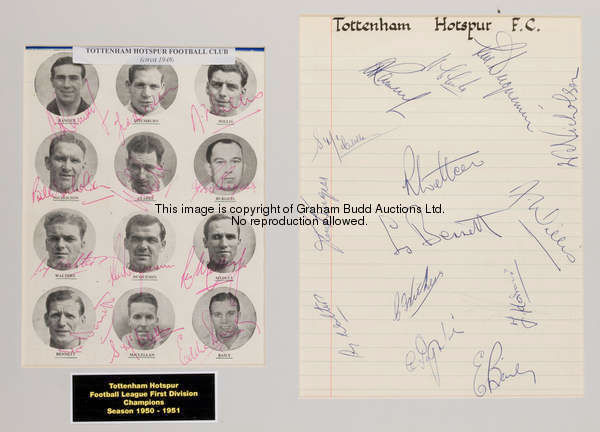 An autographed Tottenham Hotspur 1950-51 Football League Division Champions framed display, the moun...