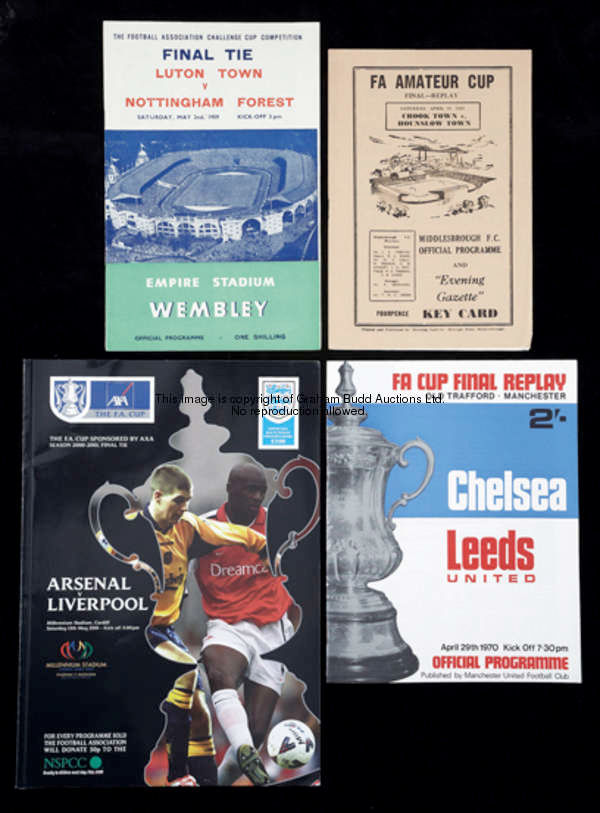 An unbroken run of F.A. Cup final programmes for 1959 to 2005, including replays for 1970, 1981, 198...