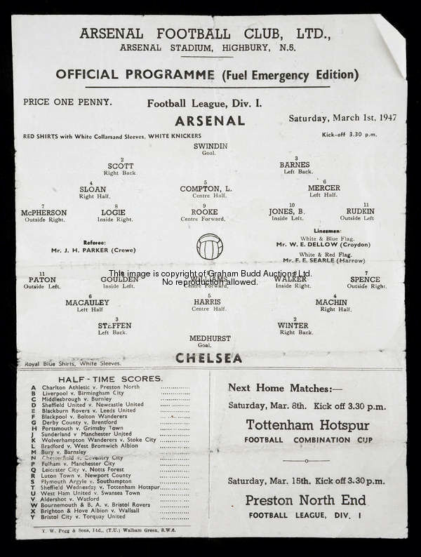 Arsenal v Chelsea Fuel Emergency single-sheet programme 1st March 1947