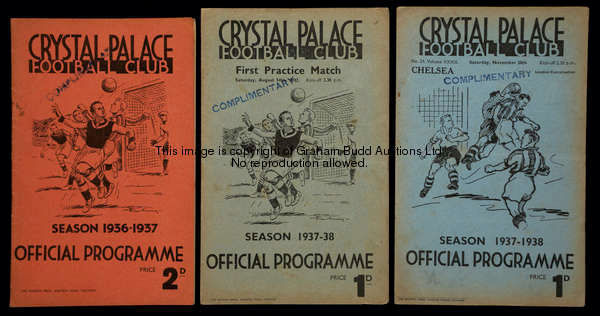 Three pre-war Crystal Palace home programmes, v Millwall 14.4.37, the first practice match 14.8.37 a...