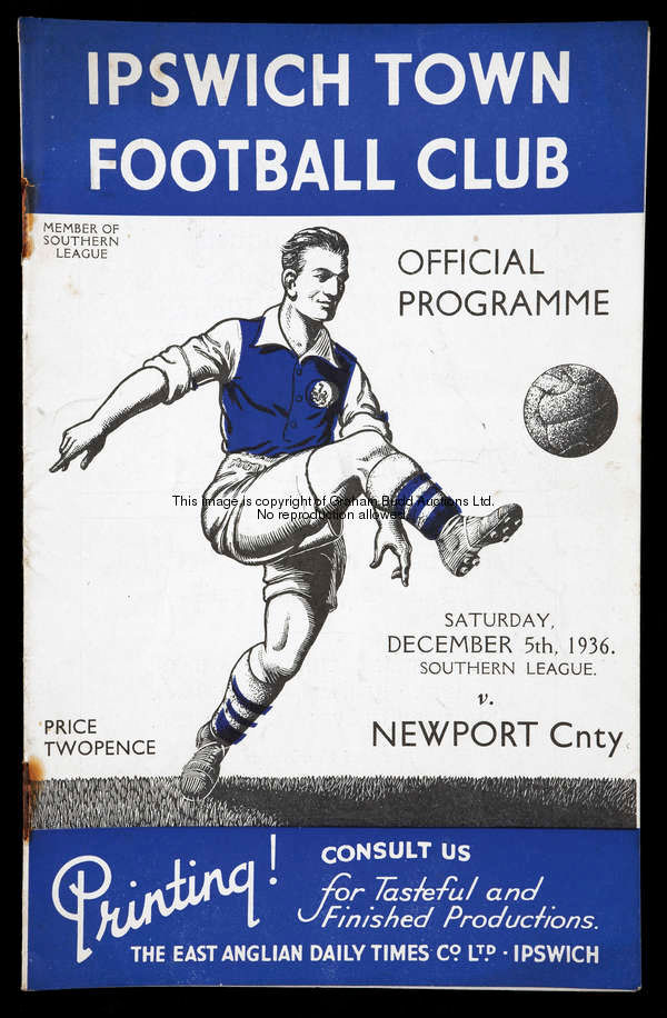 Eleven Ipswich Town home programmes from season 1936-37, all Southern League fixtures and including ...