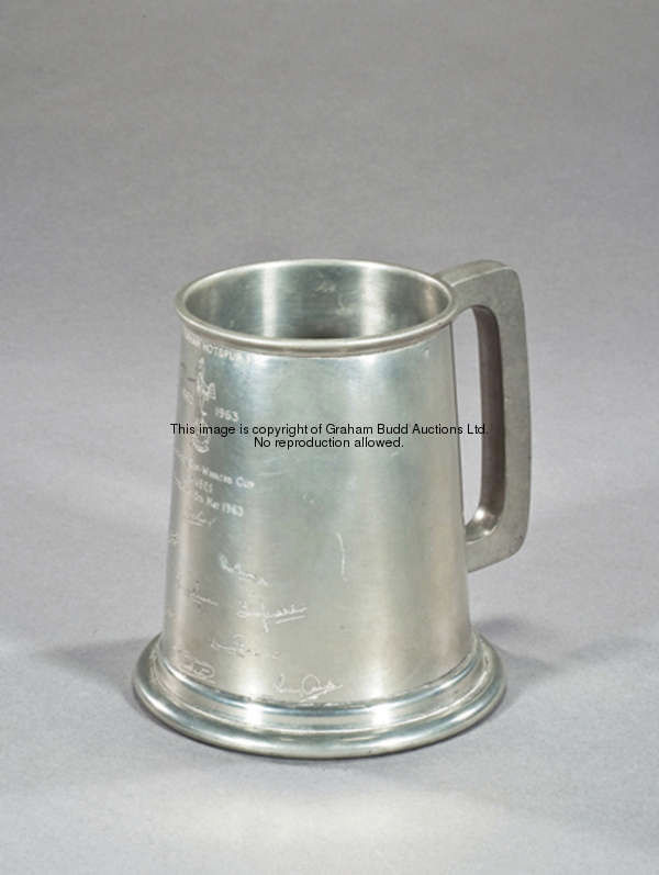 A pewter tankard commemorating Tottenham Hotspur's European Cup Winners' Cup victory in 1963, inscri...