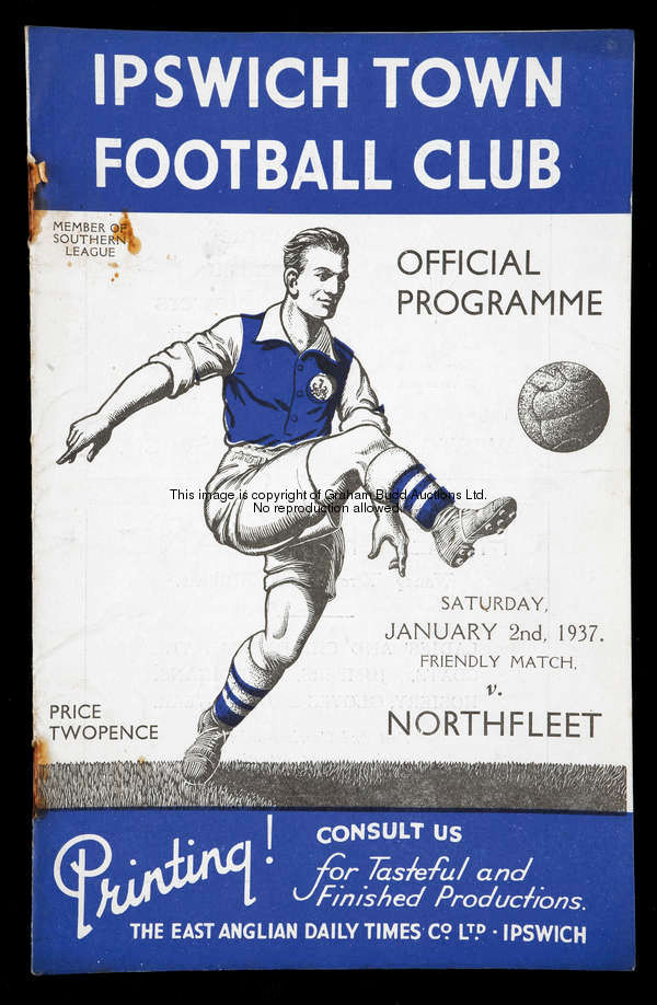 A group of six Ipswich Town friendly home programmes from season 1936-37, Crystal Palace, Gillingham...