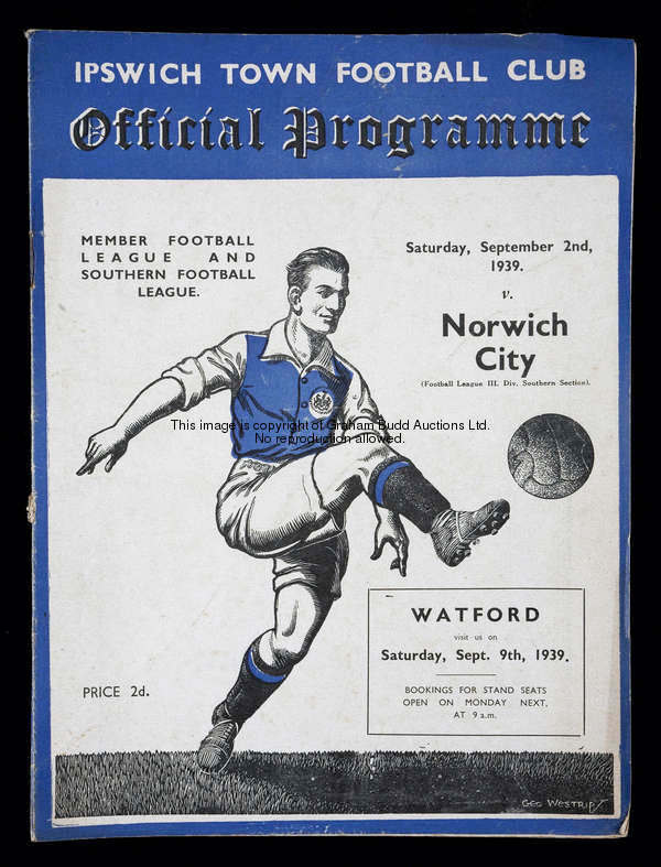 Ipswich Town v Norwich City programme 2nd September 1939  This was Ipswich's last League fixture bef...