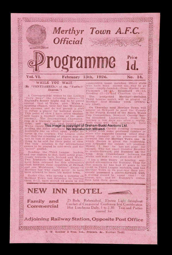 Merthyr Town v Reading programme 13th February 1926  Merthyr Town FC entered the Football League as ...