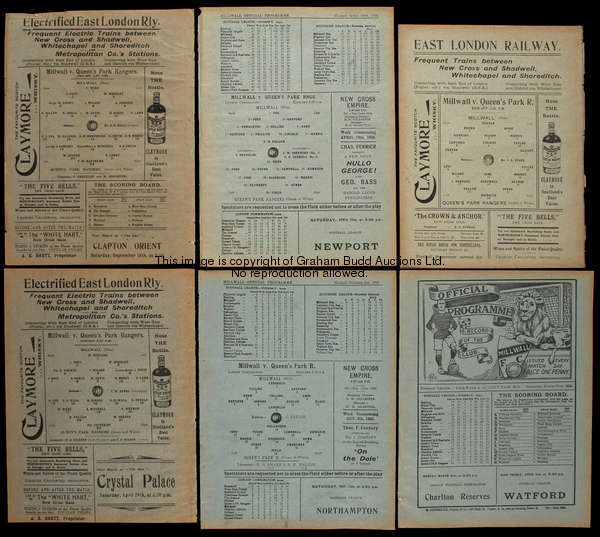 A collection of six Millwall v Queen's Park Rangers programmes, one from 1911-12, two different issu...