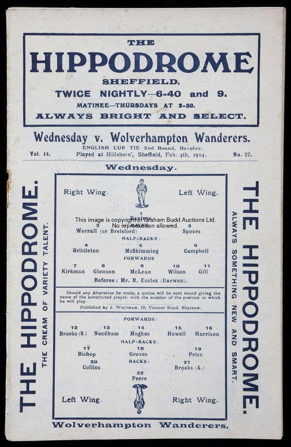 Sheffield Wednesday v Wolverhampton Wanderers programme 4th February 1914, F.A. Cup 2nd Round tie
