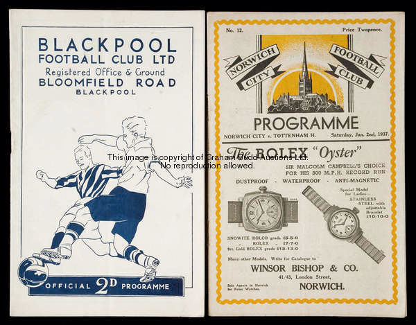 Two Tottenham Hotspur away programmes season 1936-37, at Blackpool 31st August and at Norwich City 2...