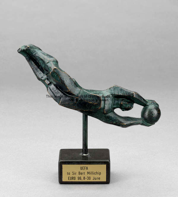 A bronze figure of a diving goalkeeper presented by UEFA to Sir Bert Millichip to commemorate the Eu...