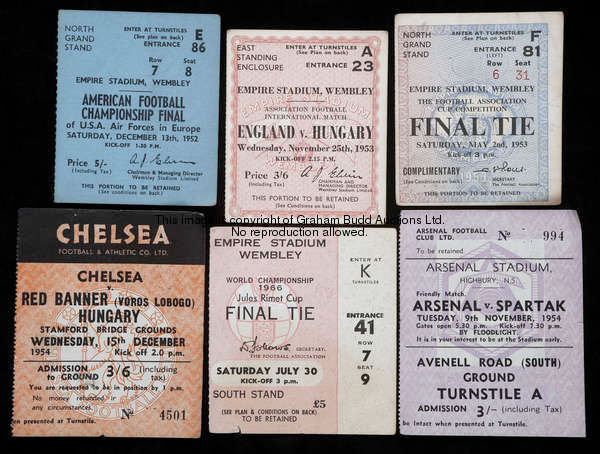 A collection of Wembley football ticket stubs including 1966 World Cup, the World Cup tickets compri...