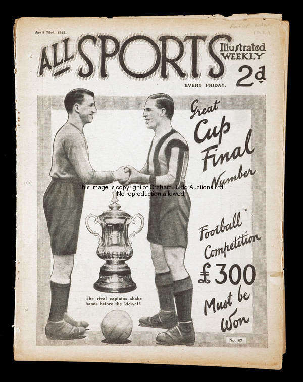A 1921 F.A. Cup final souvenir magazine, All Sports Illustrated Weekly, the front cover featuring th...