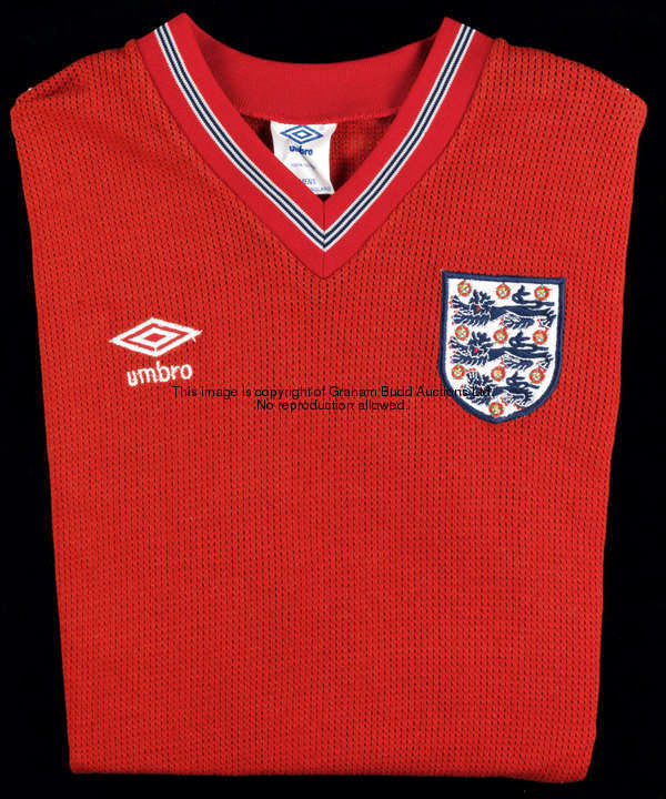 A rare red Aertex England international jersey 1985, a short-sleeved No.20, the numbering in the for...