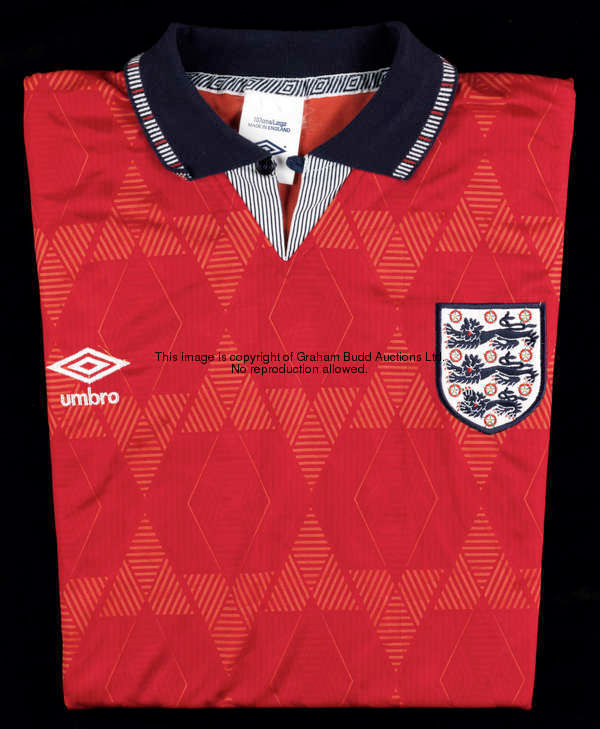 A red England No.9 international away jersey circa 1990-1992, short-sleeved  This jersey was gained ...