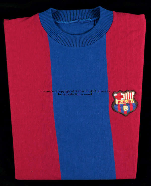 Marcial Pina: a red & blue striped Barcelona No.9 jersey circa 1974, short-sleeved