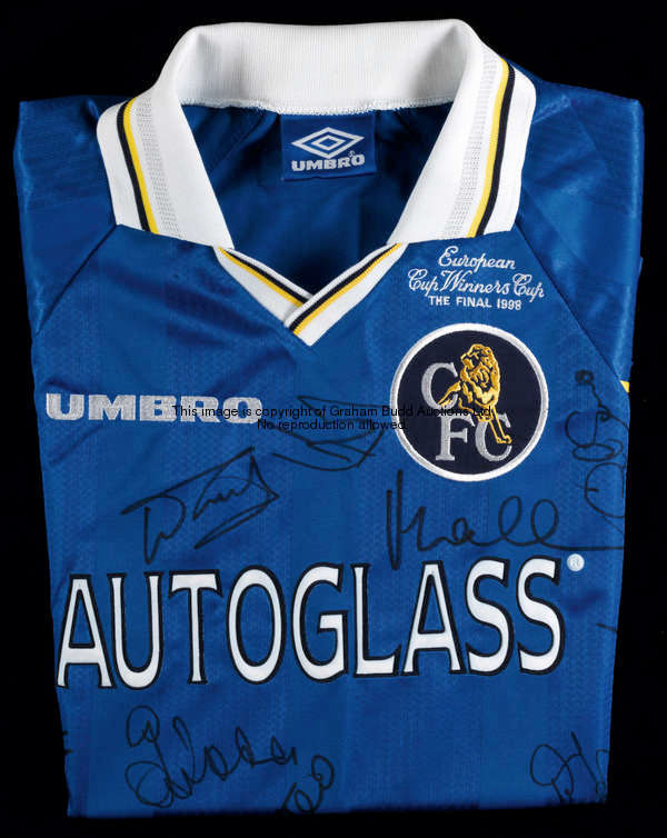 A squad-signed blue Chelsea 1998 European Cup Winners' Cup final jersey, an unnumbered short-sleeved...