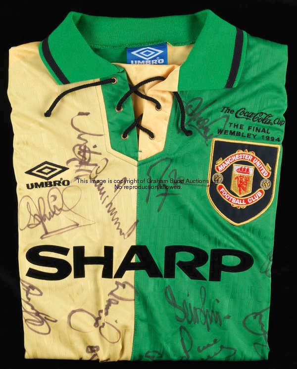 Roy Keane: a team-signed Newton Heath-style green and yellow halved Manchester United No.16 1994 Coc...