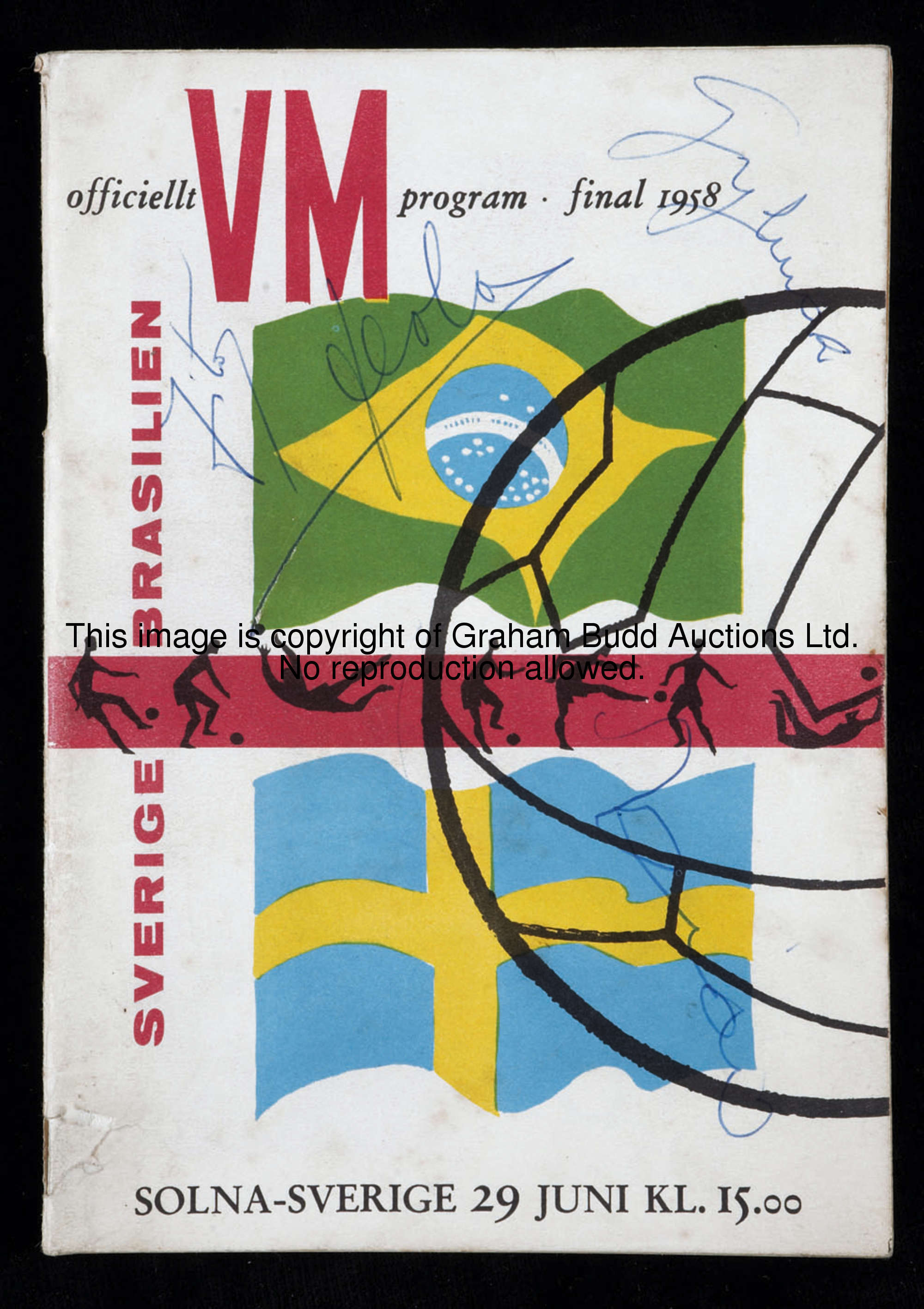 A 1958 World Cup Final programme Sweden v Brazil signed to front cover by Brazilian players Pele (si...