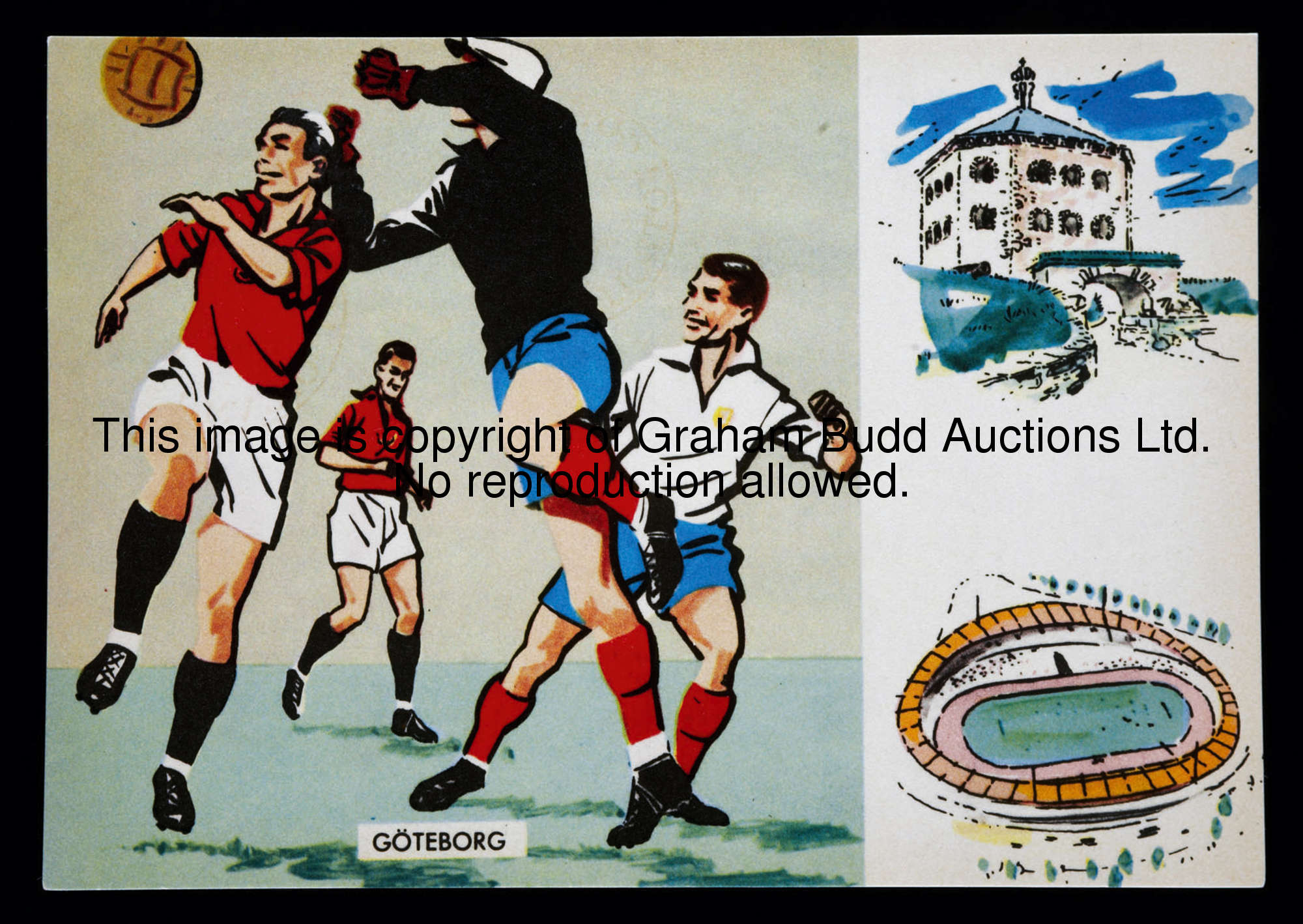 Fifteen 1958 World Cup postcards, part of a set of 32 published in Sweden, artist drawn images of ma...