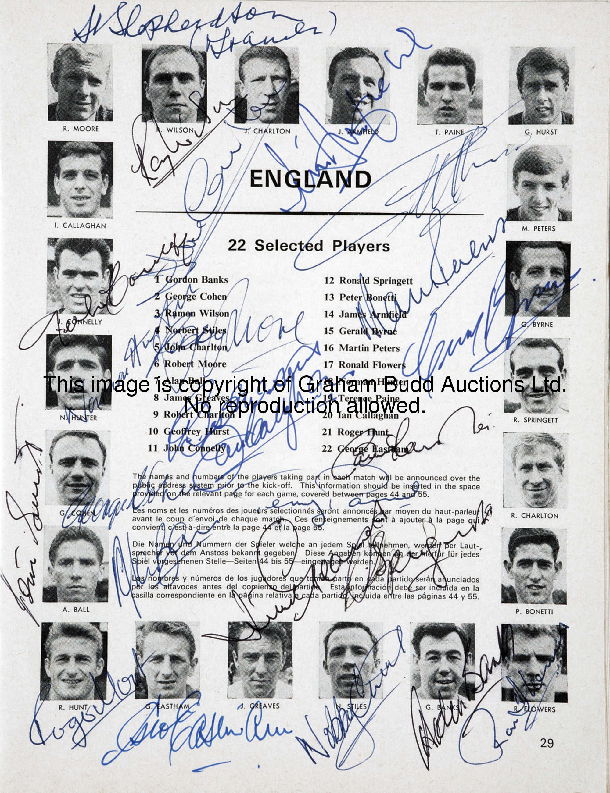 A signed 1966 World Cup tournament programme, the England page fully signed by the 22-man squad plus...