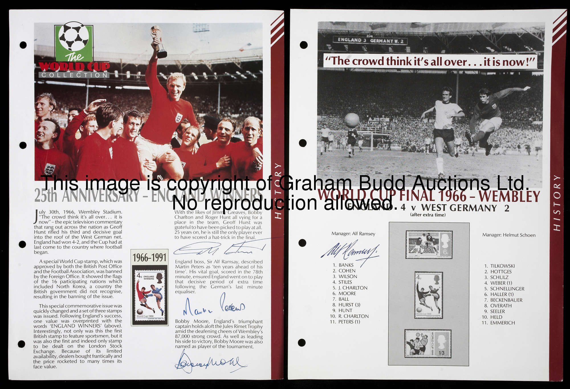The autographs of Alf Ramsey, Bobby Moore, Geoff Hurst and Martin Peters, with the England 1966 Worl...