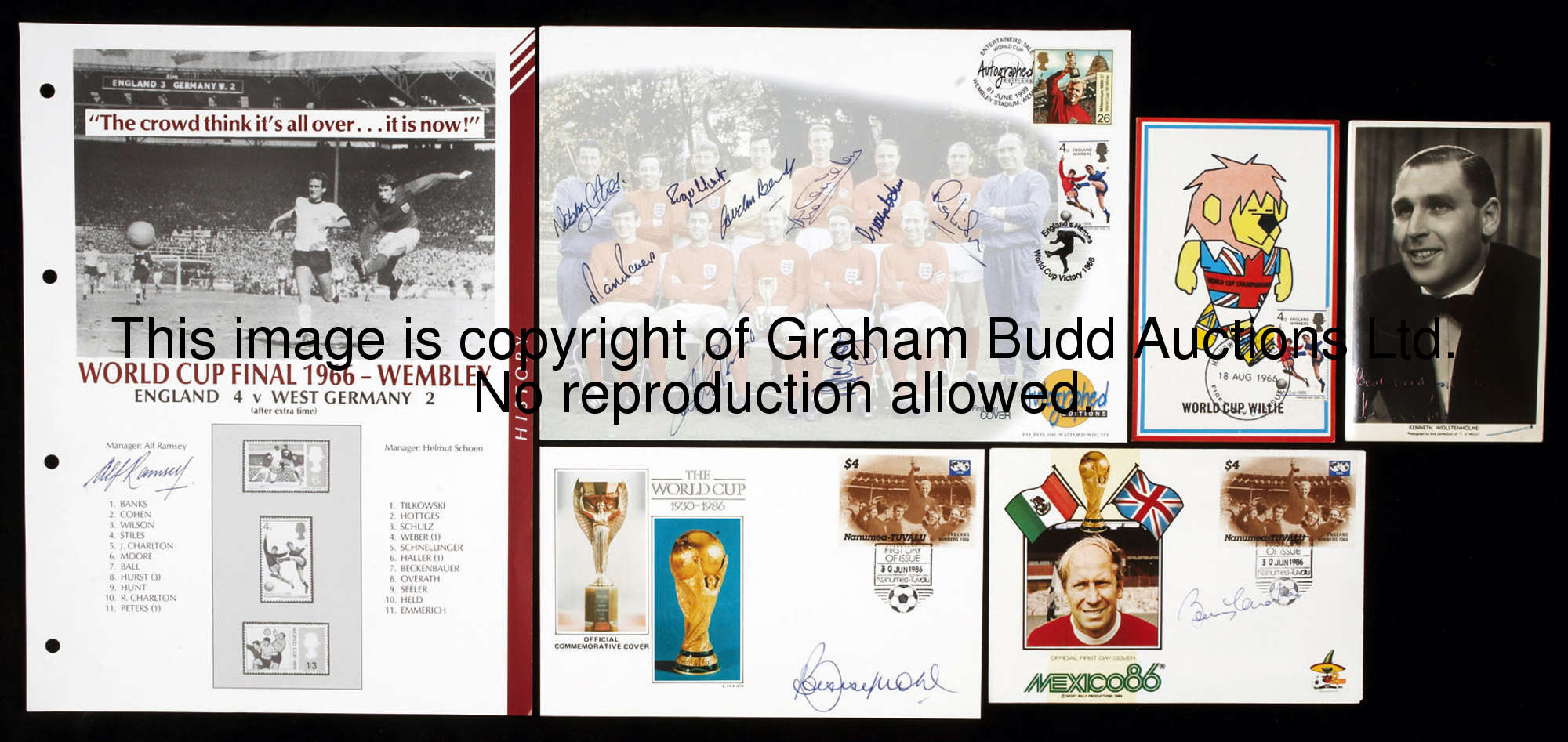 1966 Word Cup memorabilia, comprising: a large size postal cover signed by 9 members of the winning ...