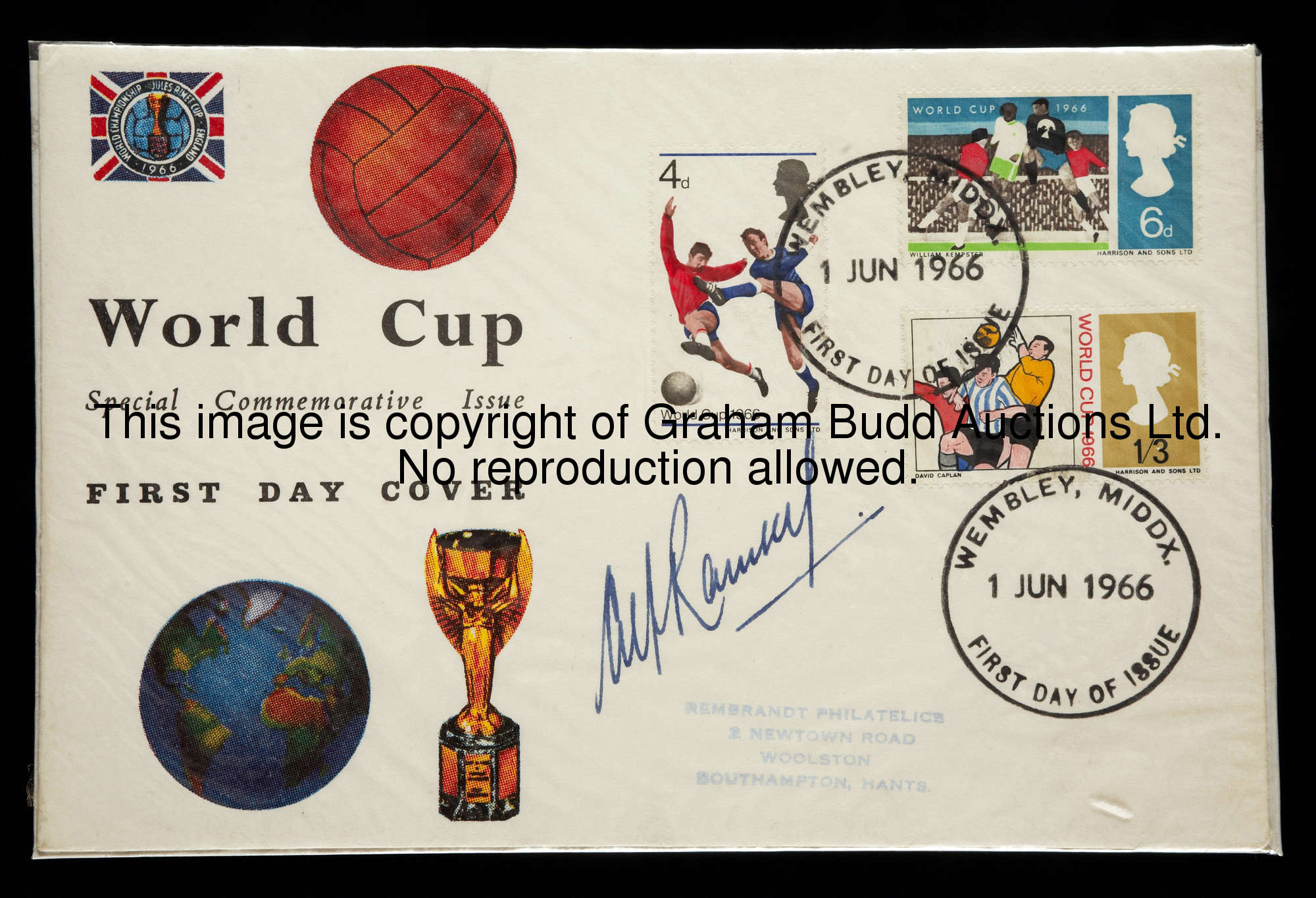 A 1966 World Cup first day cover signed by Alf Ramsey, published by Rembrandt Philatelics, applied w...