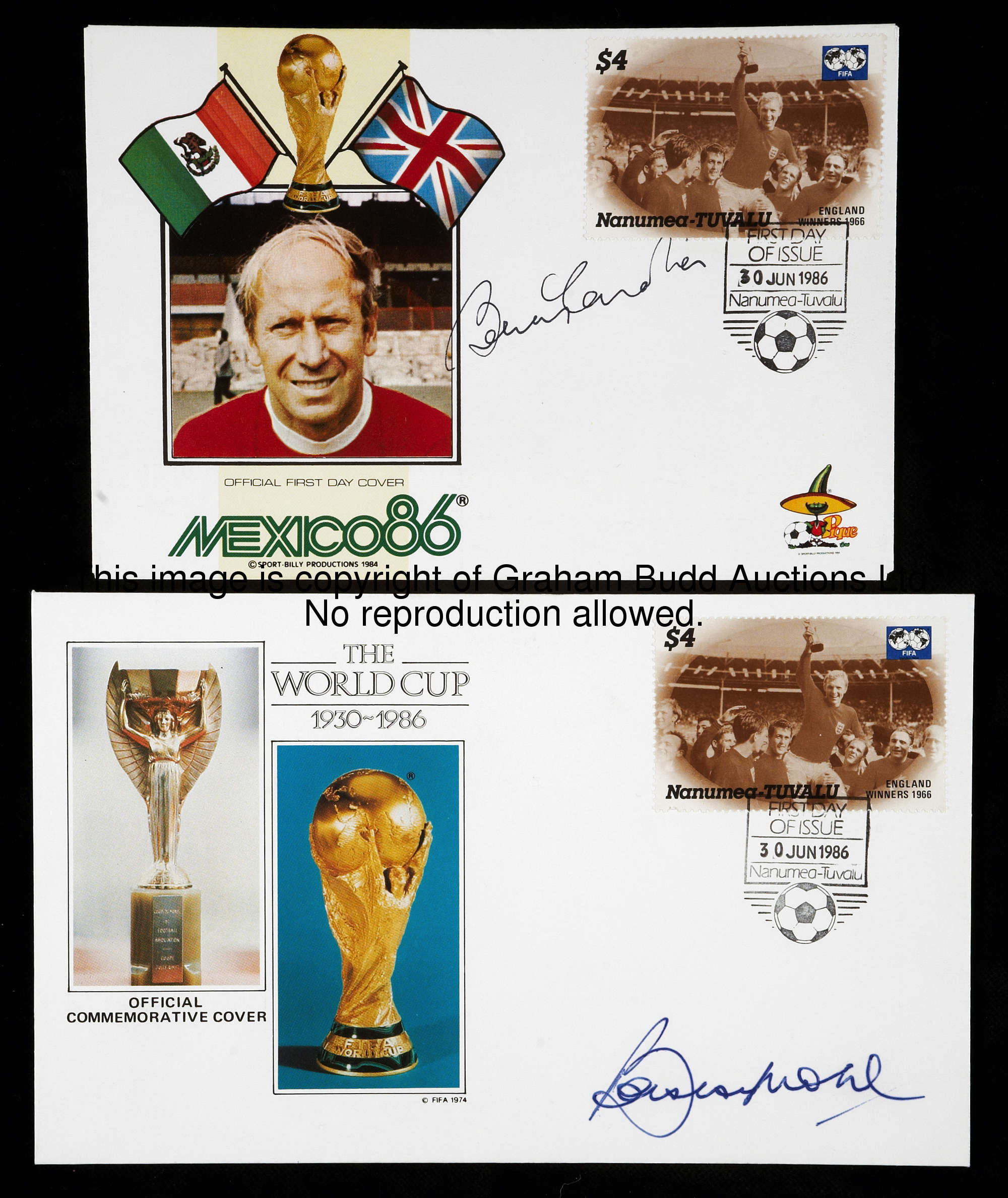 Two 1986 World Cup commemorative postal covers signed by the England 1966 winners Bobby Moore and Bo...