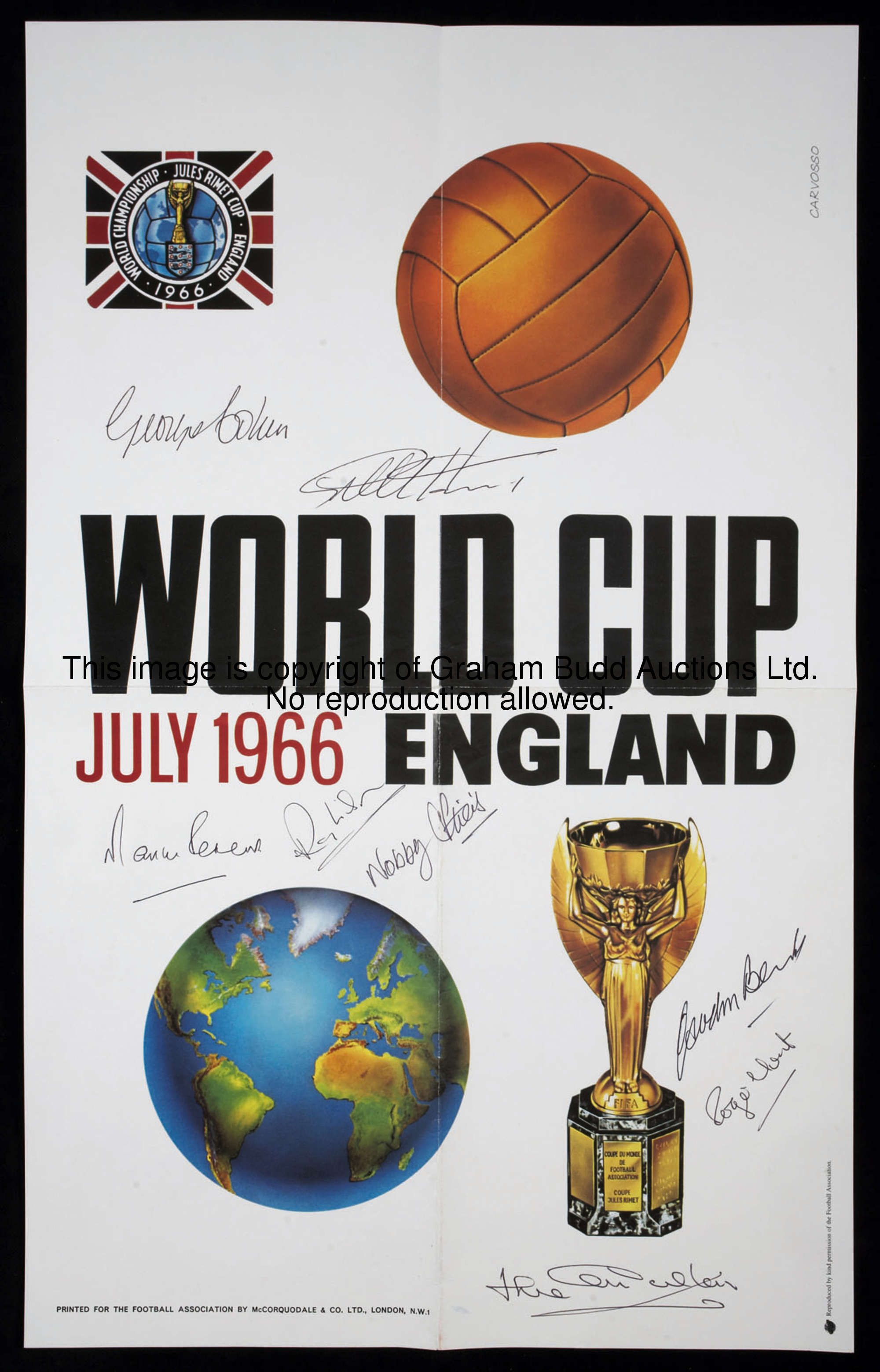 A repro Carvosso poster for the 1966 World Cup signed by eight members of the England team, comprisi...