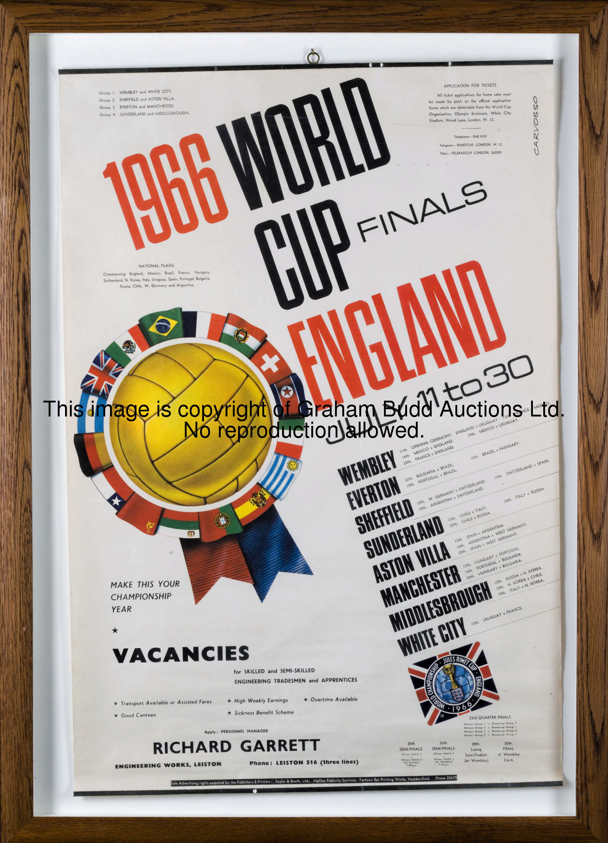 A 1966 World Cup promotional poster, the artwork by Carvosso, listing venues, fixtures and ticket ap...