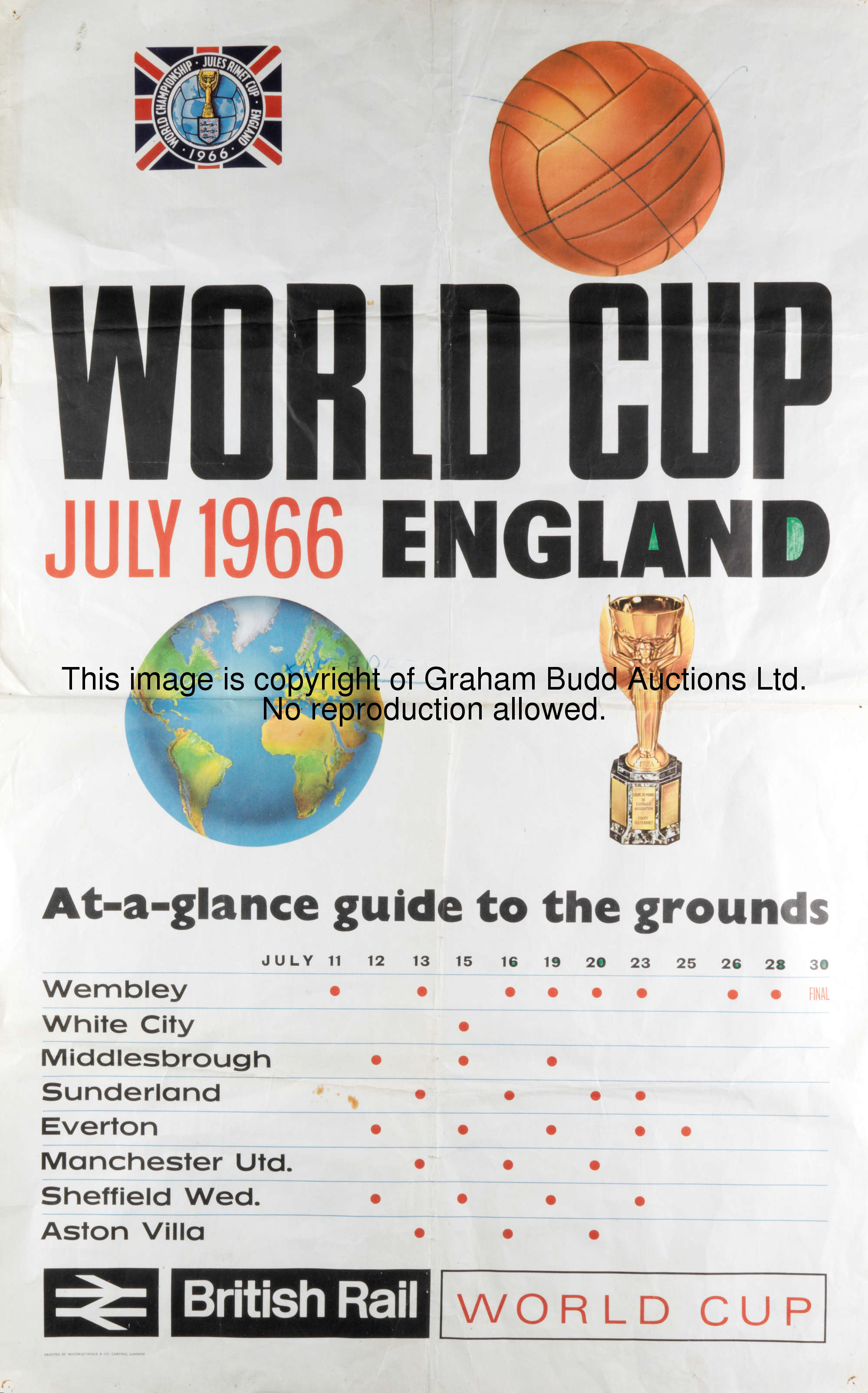 A large 1966 World Cup poster published by British Rail, and providing an at-a-glance schedule of ma...