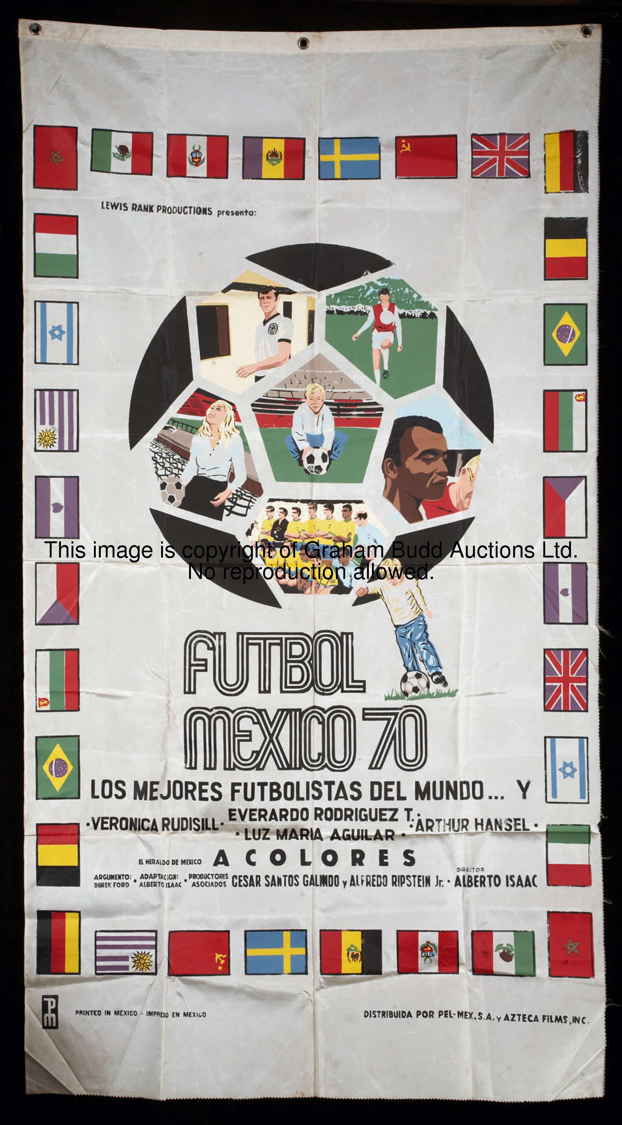 An unusual and large Mexico 1970 World Cup film poster printed on satin, 164 by 90cm. 65 by 35in.