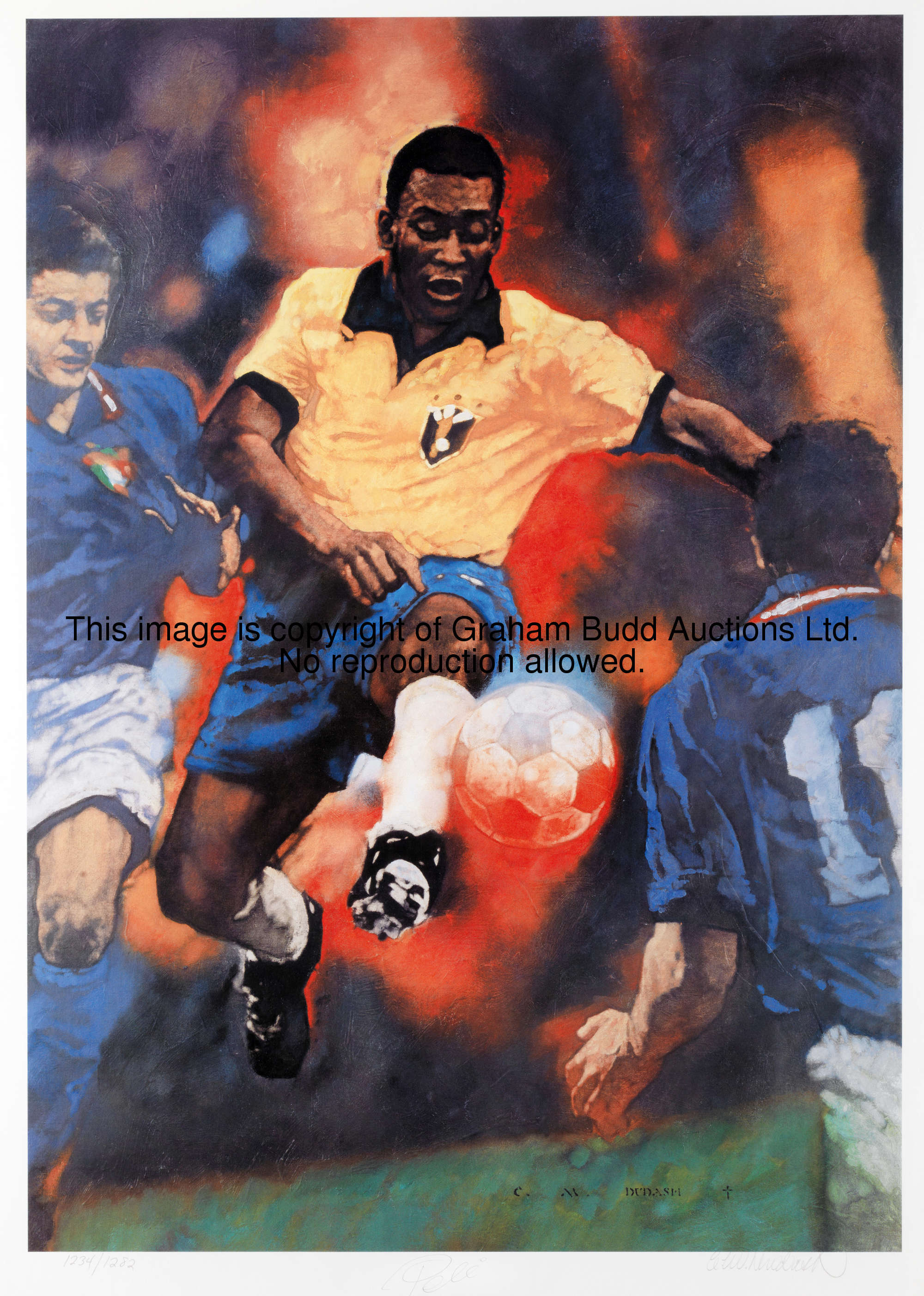 A Pele signed limited edition print, an artist drawn print by C. Michael Dudash, signed by the artis...