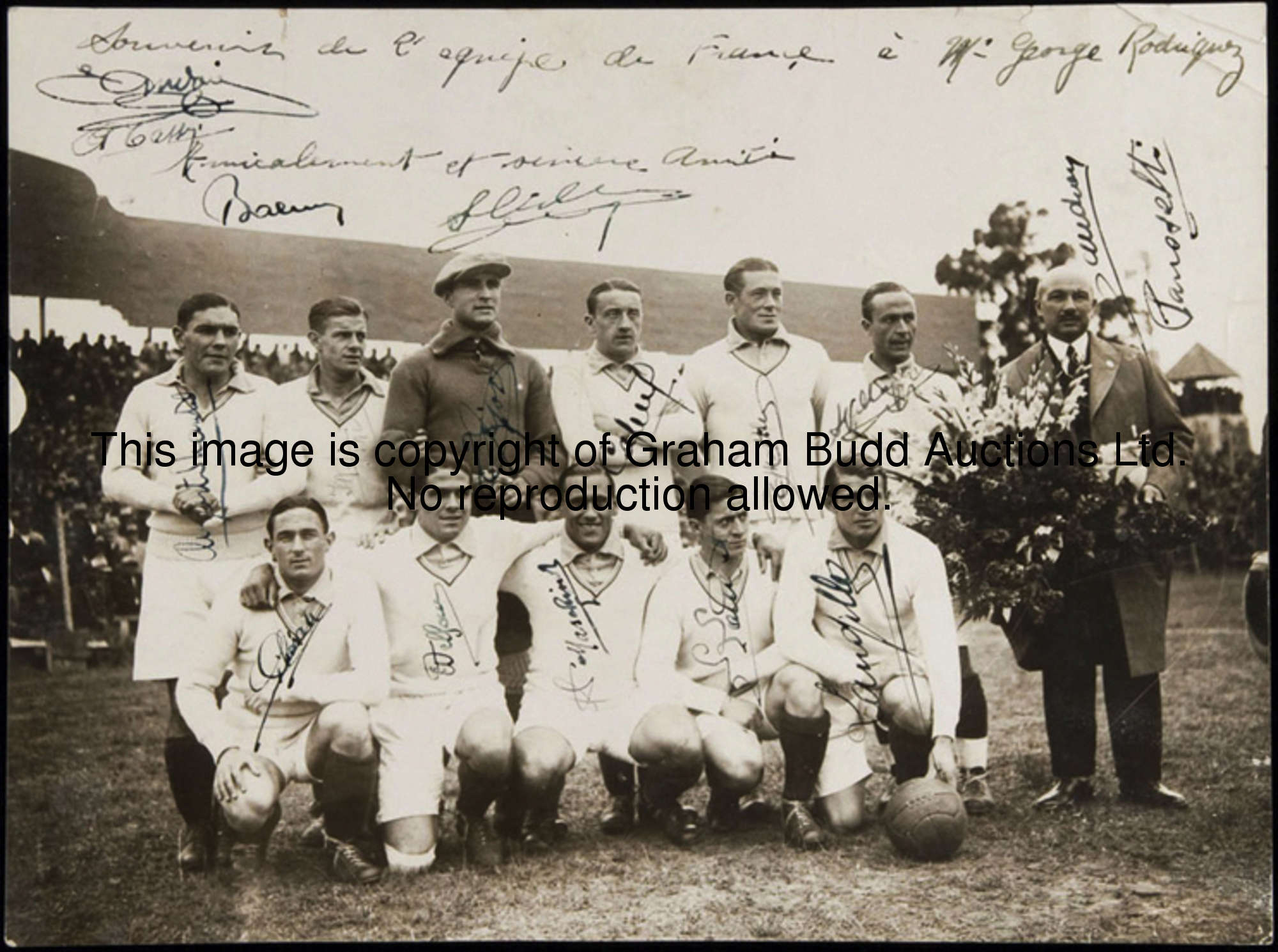 A fully signed b&w photograph of the France team before the very first match in World Cup finals his...