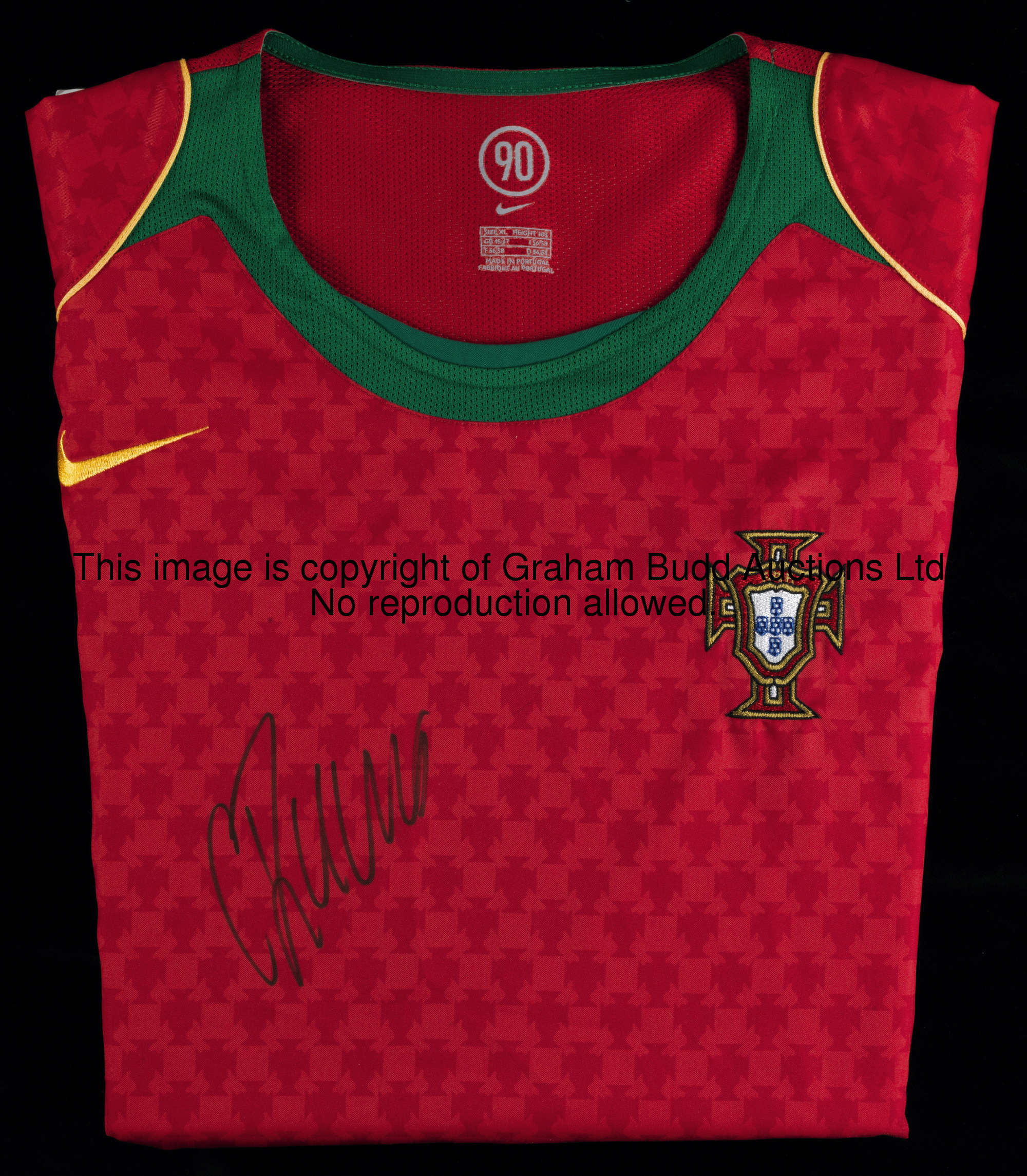 Replica Portugal shirts signed by Ronaldo and Deco, a red shirt signed by Ronaldo, a maroon & green ...