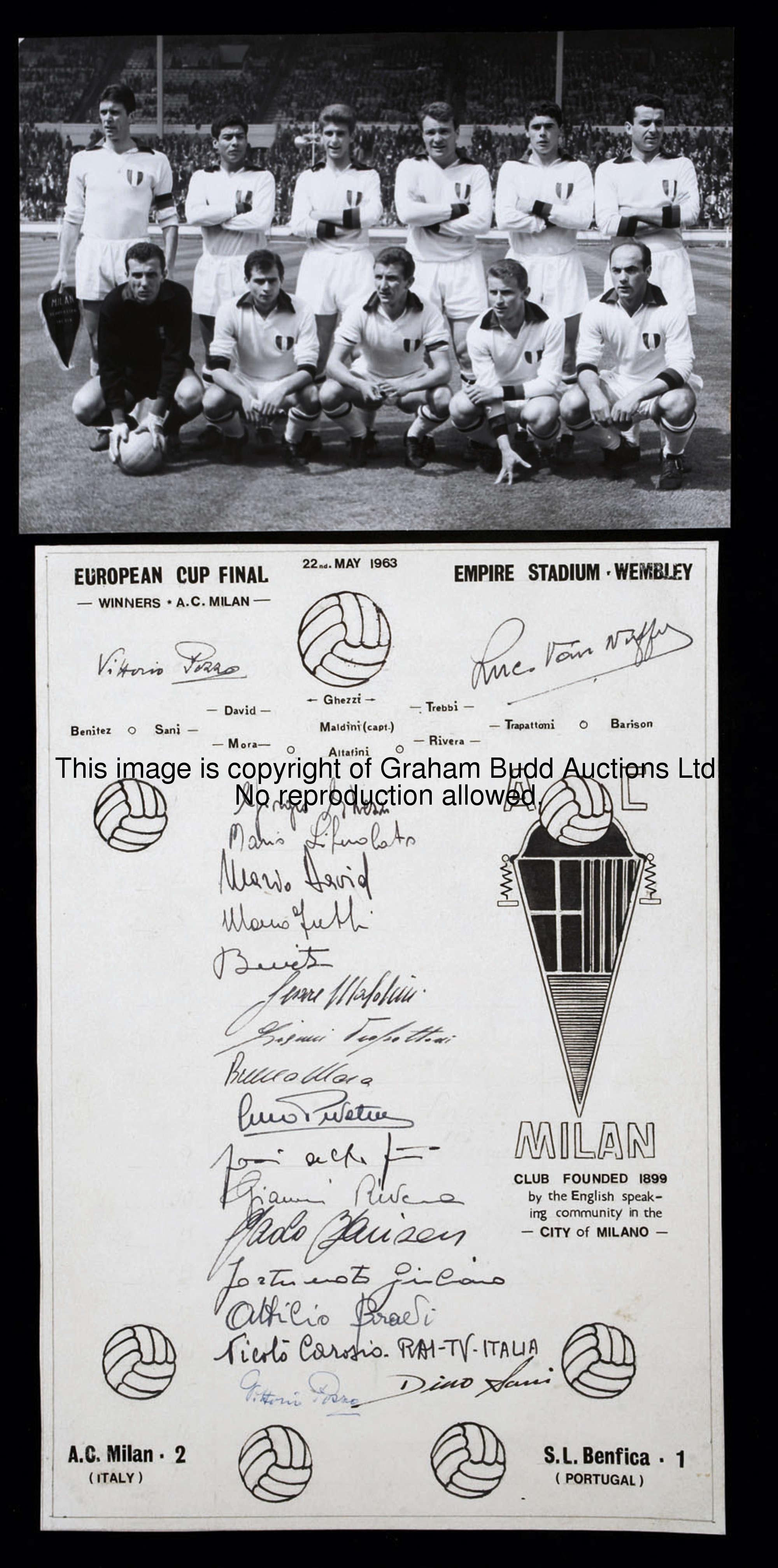 The signatures of the AC Milan 1963 European Cup final wining team, signatures in ink on a specially...