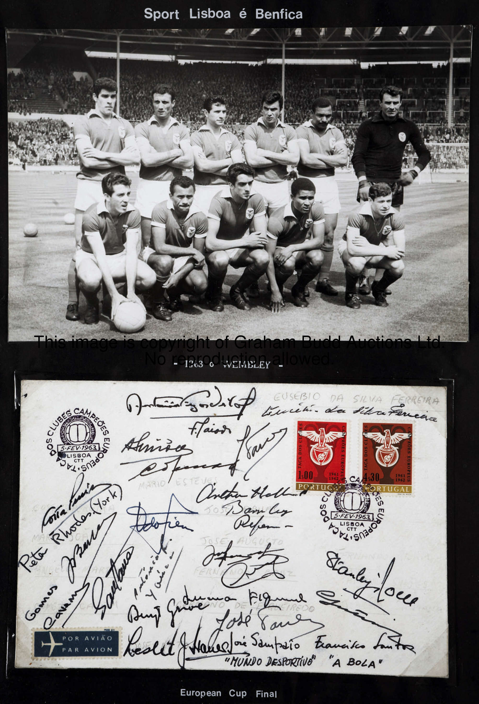 A postal cover signed by the Benfica 1963 European Cup final team, signatures in ink, mounted togeth...