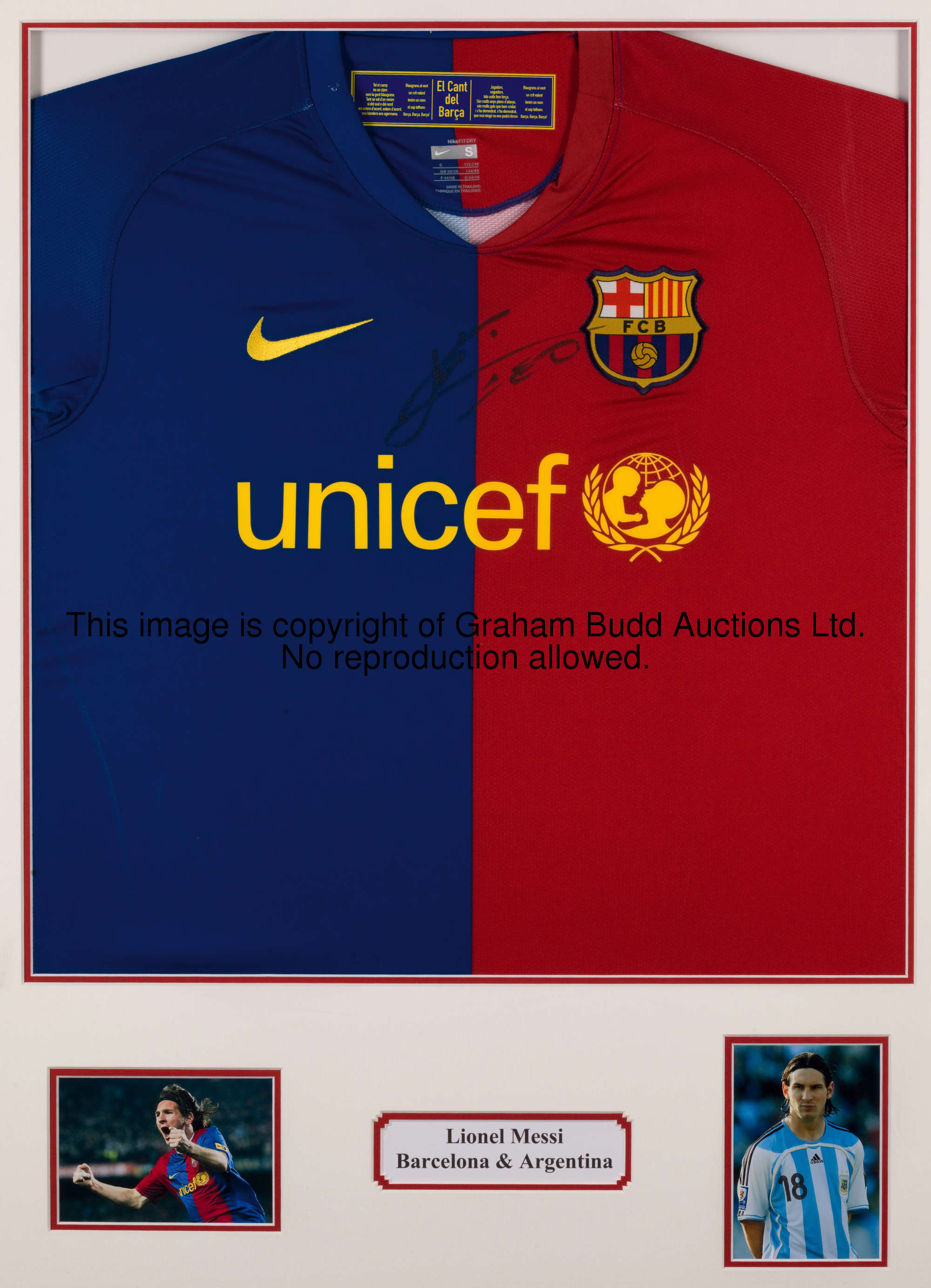 A signed Lionel Messi display, mounted ready for framing and comprising a signed replica Barcelona j...