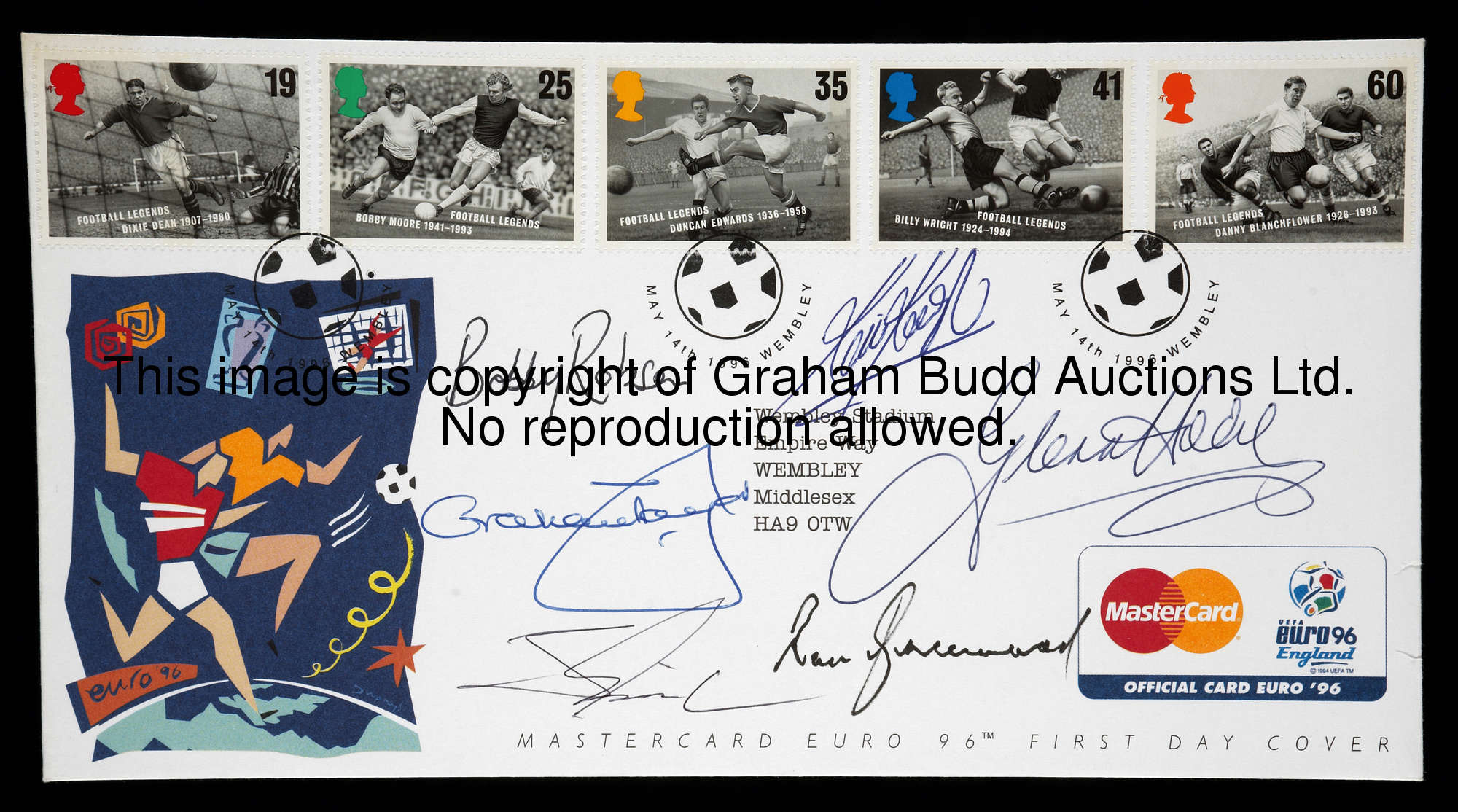 A Euro '96 commemorative first day postal cover signed by six former England football managers, post...