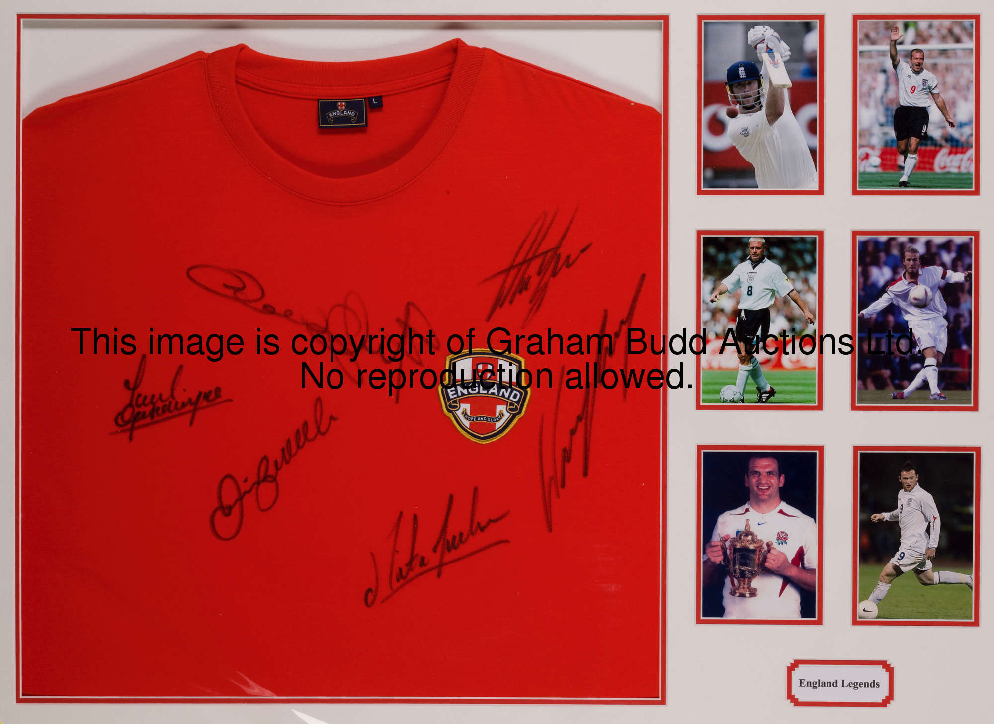 A signed England legends display, mounted ready for framing, comprising a red generic England sporti...