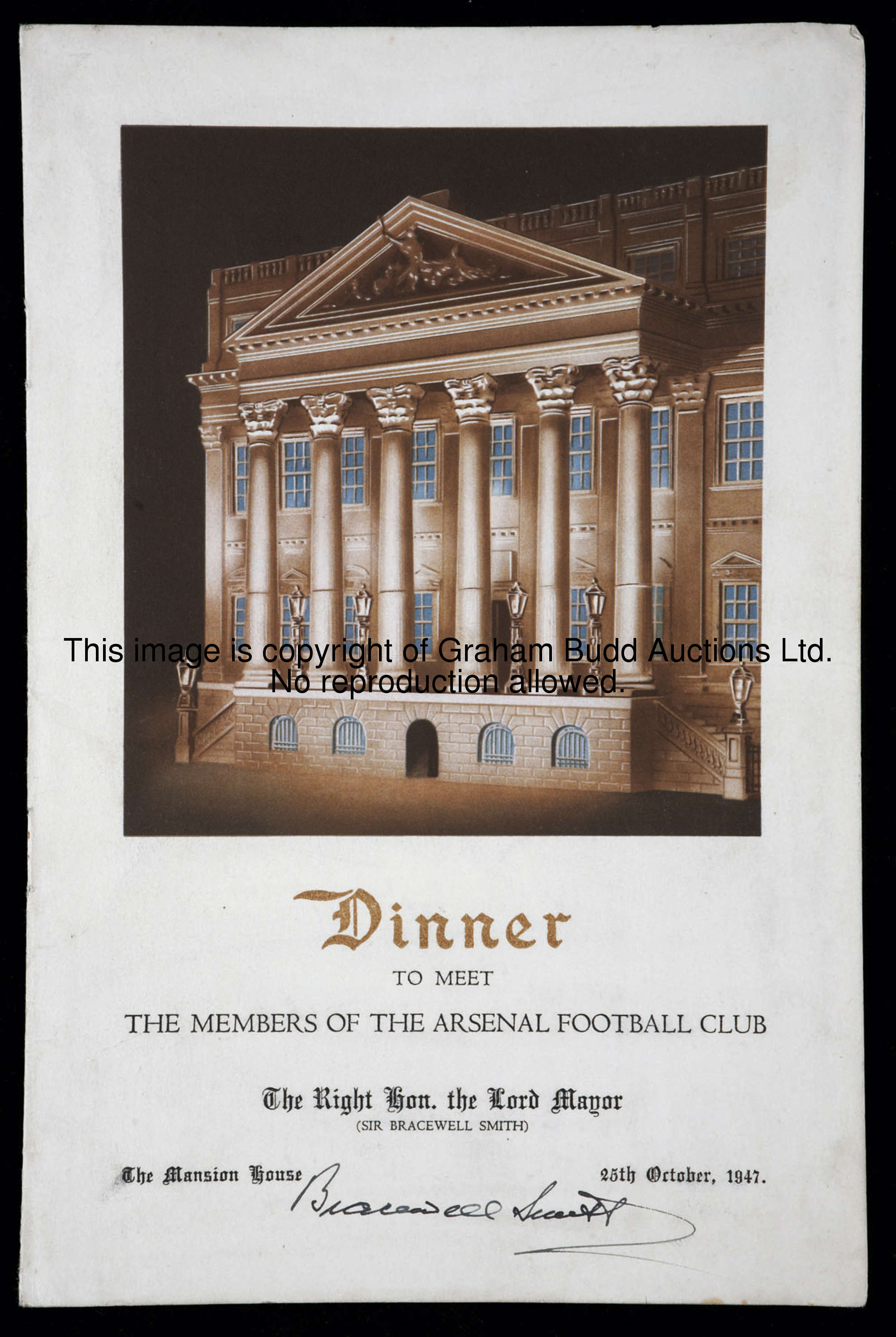 An autographed menu for a Lord Mayor of London dinner to meet the Arsenal Football Club at The Mansi...